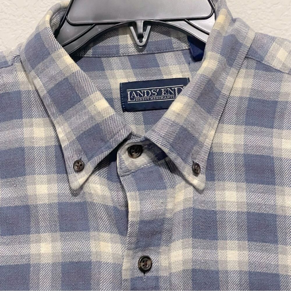 Lands End Men’s Flannel Long Sleeve Shirt Size XL Tall in Blue Plaid 100% Cotton